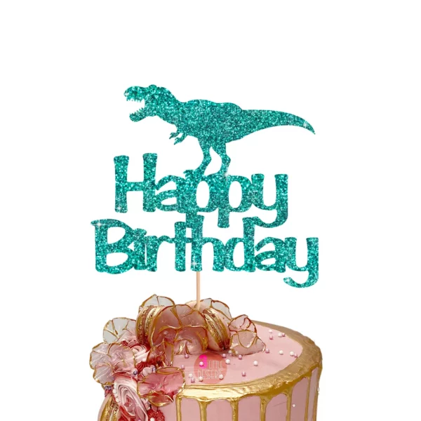 Dinosaur Happy Birthday Cake Topper cyan blue