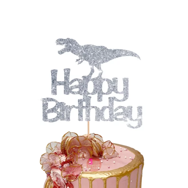 Dinosaur Happy Birthday Cake Topper silver