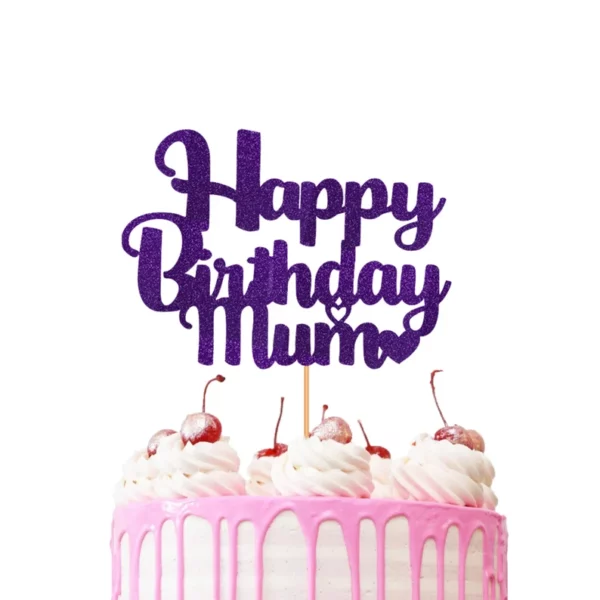 Happy Birthday Mum Hearts Cake Topper Purple